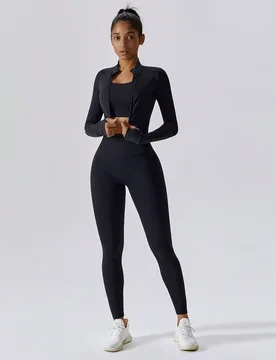 Conjunto deportivo de chaqueta con cremallera delantera y leggings de unicolor para mujer, atuendo de running y yoga, alta elasticidad, amigable con l - Shein - FashionsVida