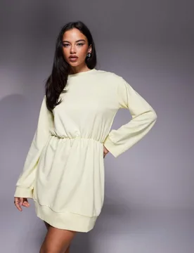 Womens Gathered Waist Mini Sweat Dress In Yellow - Beige - ASOS DESIGN - FashionsVida