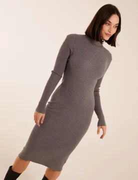 Ribbed Roll Neck Midi Dress - L / GREY - female - Blue Vanilla - FashionsVida