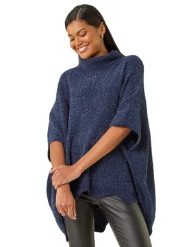 Womens Roll Neck Chenille Knit Poncho - Navy - Size Medium - Roman - FashionsVida