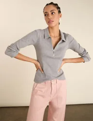 Pure Cotton Collared Half-Zip Top Grey Marl female