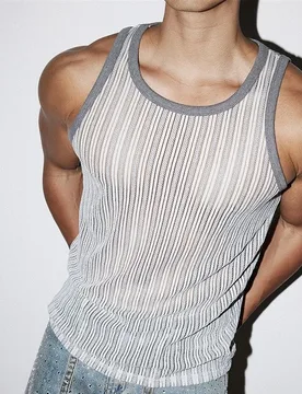Men Extra Large American Retro Hollow Striped Mesh Tank Top Contrast Color Slim Fit Sleeveless T‑Shirt Summer Knit Streetwear - Aliexpress - FashionsVida