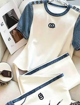 Conjunto de 2 piezas de camiseta y pantalones cortos casuales de verano con bloques de color y patchwork para mujer S - Shein - FashionsVida