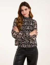 Bubble Hem High Neck Printed Top - S / BLACK PATTERN - female