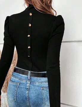 Camiseta casual de mujer de unicolor con cuello alto, mangas abullonadas y ajuste ceñido XS - Shein - FashionsVida