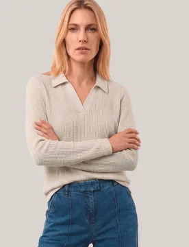 Poloshirt in Strickoptik, normale Größen, Farbe Beige, 42, sehr modisch elastischer Baumwollmix Damen - Walbusch - FashionsVida