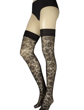 Women's 1 Pair Enif Flora Lace Hold Ups Black L/XL - Black - Size: Large - Trasparenze - FashionsVida