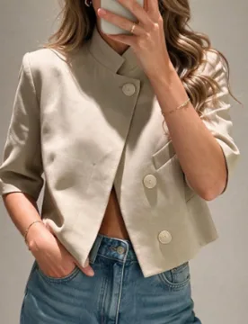 Blazer corto de corte regular para mujer, chaqueta de traje de negocios de manga corta, adecuada para la temporada de graduación de primavera/verano - Shein - FashionsVida