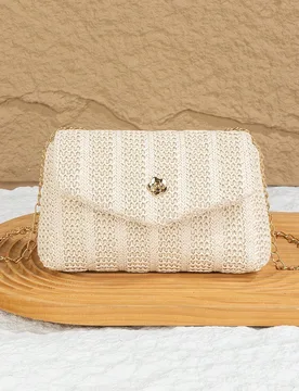 Pieza Bolso bandolera de cadena con solapa de moda de verano, material de paja, bolso de hombro para mujer para teléfono, regalo, vacaciones, compras - Shein - FashionsVida