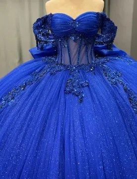 Shiny royal blue Quinceanera Dress Crystal Glitter Flower Decal Lace layering Bow Long tail Vestidos De 15 Quinceanera ﻿Customi - Aliexpress - FashionsVida