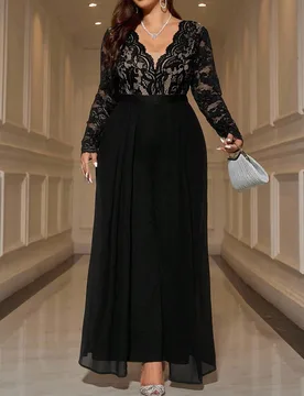 Monos de manga larga con parches de encaje para mujer de talla grande 1XL - Shein - FashionsVida
