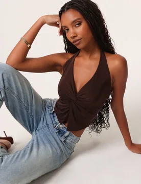 Womens Knot Front Butterfly Halter Top - Chocolate - Size Large - Pink Vanilla - FashionsVida