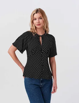 Crepe Polka Dot Tie Neck Angel Sleeve Top Black Mix female - GHOST - FashionsVida
