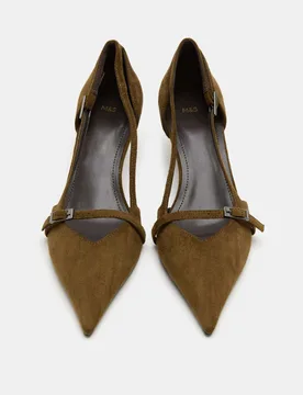 Buckle Detail Kitten Heel Pointed Court Shoes Olive female - M&S - FashionsVida