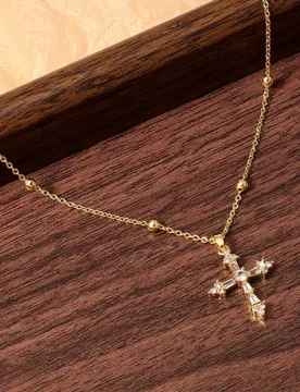 Pieza Collar de cruz dorado para mujer, collar colgante exquisito, collar de cruz con cuentas chapado en oro de 14K, accesorio de moda, adecuado para - Shein - FashionsVida