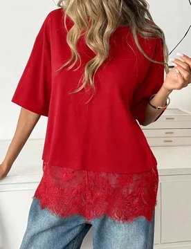 Camiseta holgada de manga corta, cuello redondo y dobladillo de encaje para mujer, color negro M - Shein - FashionsVida