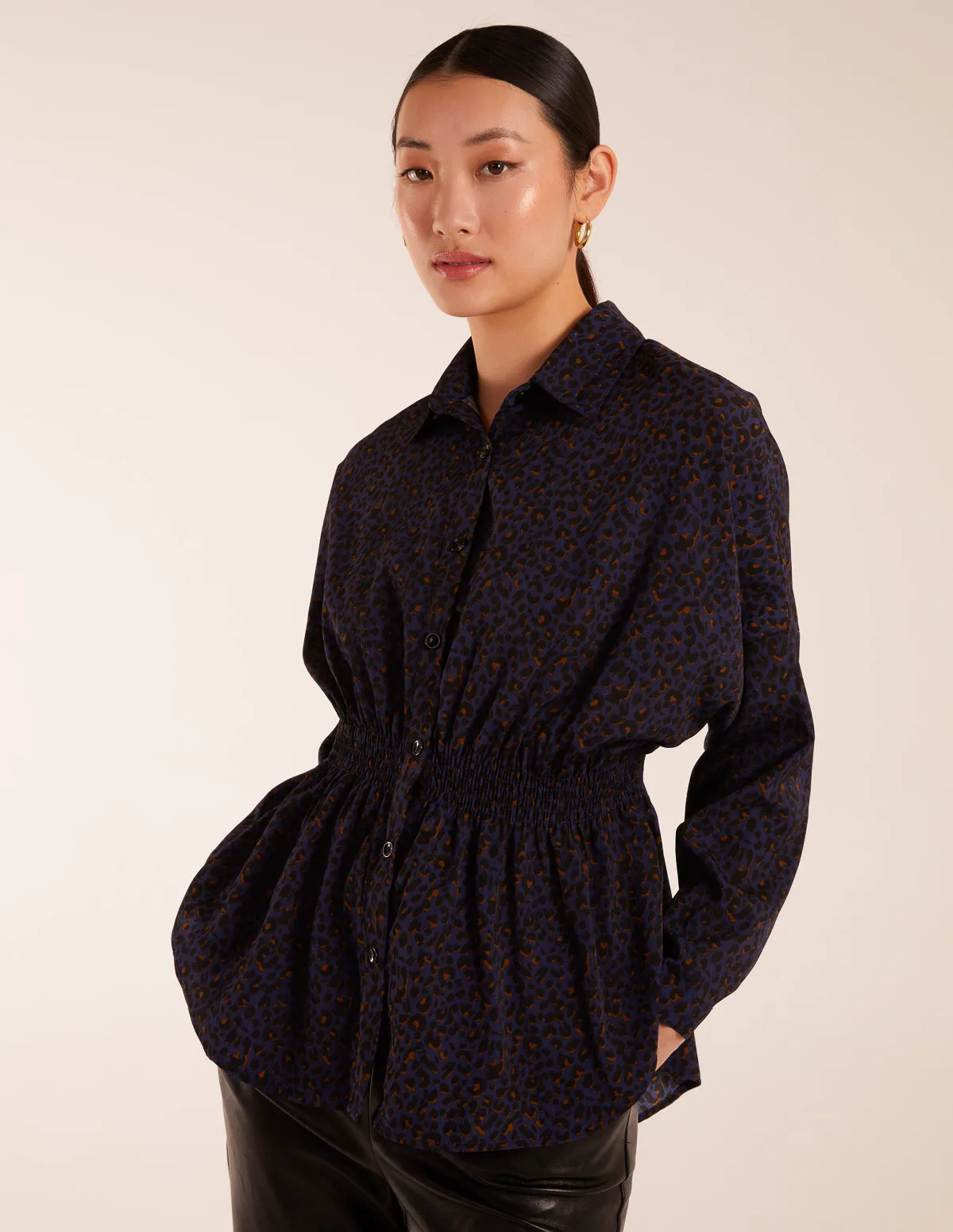 Leopard Print Shirred Waist Shirt - S / NAVY - female - Blue Vanilla - FashionsVida