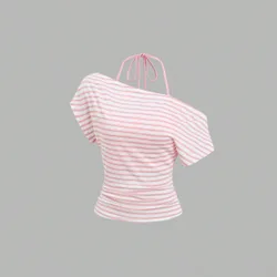 Top de tirantes de mujer estilo vacaciones de verano con hombro asimétrico, rayas y espalda transparente XXS