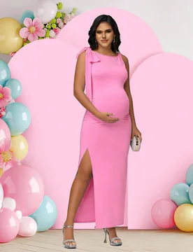 Vestido largo sin mangas de unicolor con escote asimétrico y hombro retorcido para mujeres embarazadas, rosa de otoño L - Shein - FashionsVida