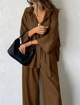 Conjunto de 2 piezas para mujer: Camisa holgada con abertura lateral y pantalón de pierna ancha de cintura alta, elegante y casual para negocios M - Shein - FashionsVida