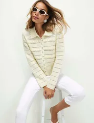 Pointelle Daisy Collared Fitted Cardigan Cream Mix female