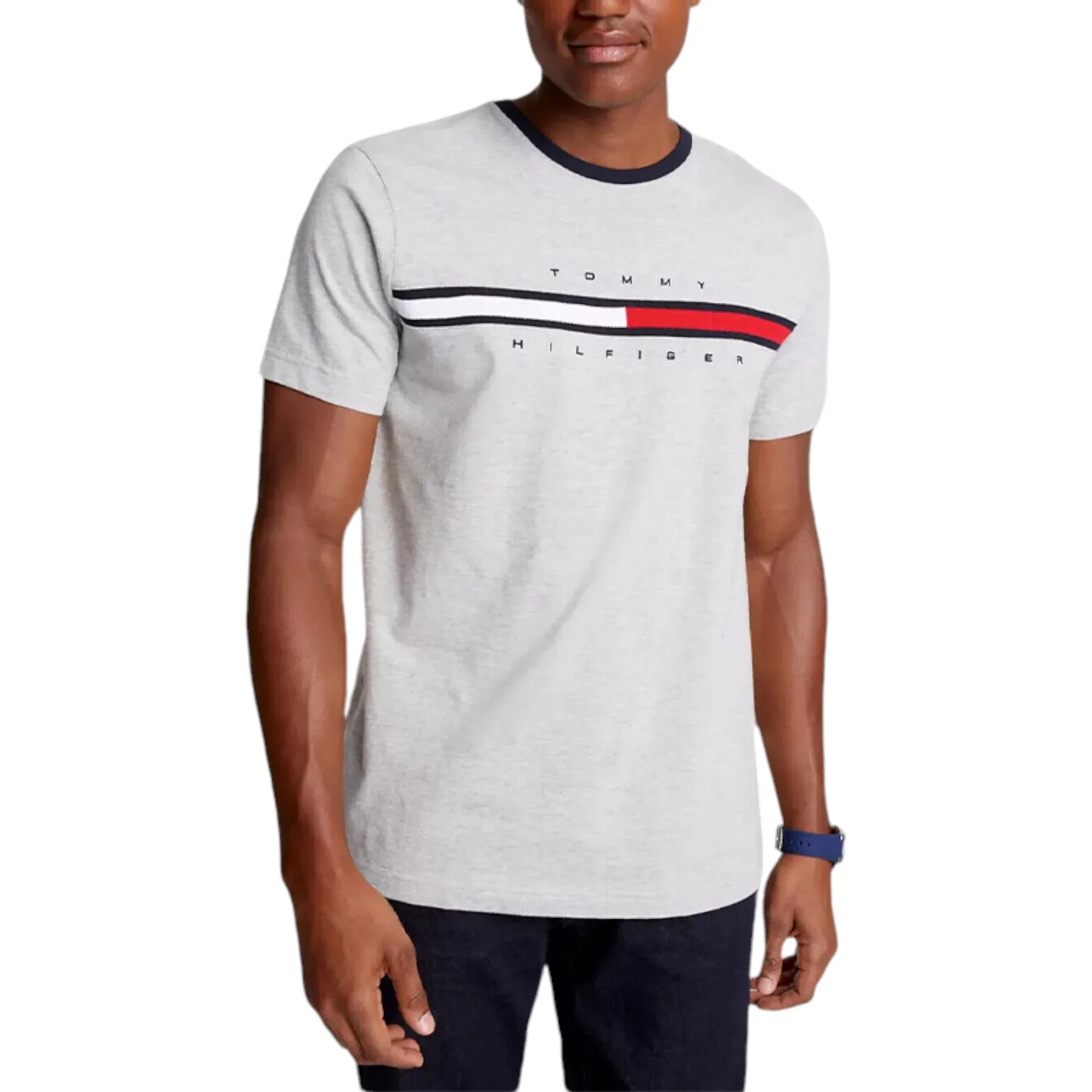 Mens T Shirts Signature Stripe Tee - Grey Cotton - Size Small - Tommy hilfiger - FashionsVida