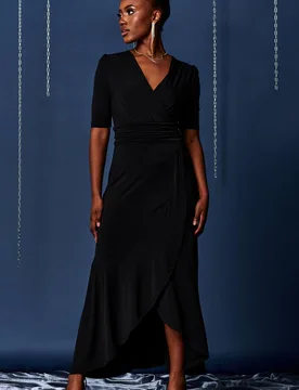 Women's Wrap Front Frill Hem Maxi Dress in Black Size: 10 - Black - Size: 10 - Jolie Moi - FashionsVida