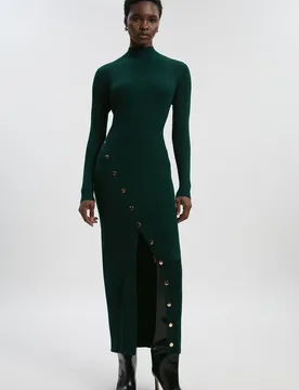 Womens Viscose Blend Popper Detail Split Knit Midi Dress - Forest Green - Size Large - Karen millen - FashionsVida