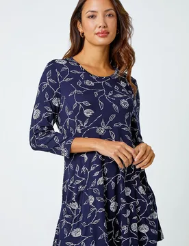 Womens Floral Print Pocket Swing Stretch Top - Blue - Size 12 Uk - Roman - FashionsVida