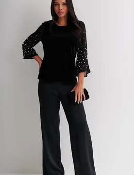 Women's Embellished Sleeve Top in Black Size: XL - Black - Size: XL - Anna Rose - FashionsVida