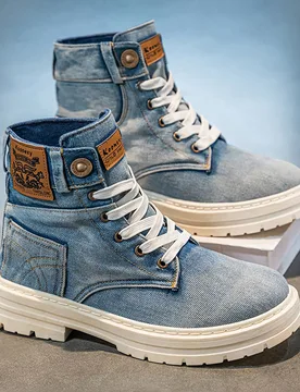 Par de botas de tobillo de mezclilla de caña alta - unicolor, estilo deportivo casual, adecuado para todas las estaciones, con cordones, parte superi - Shein - FashionsVida