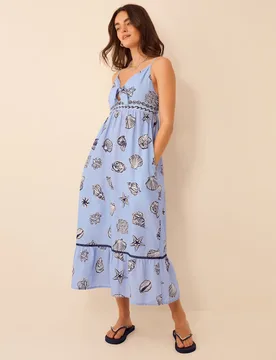 Pure Cotton Shell Print V-Neck Beach Dress Blue female - Accessorize - FashionsVida