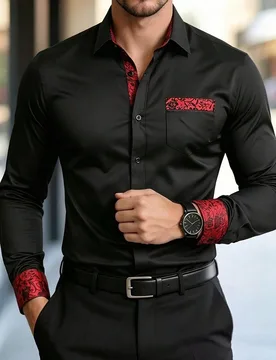 Camisa de lujo para hombre con patchwork negro y rojo, camisa de vestir casual elegante para fiesta de otoño, resistente a las arrugas, manga larga c - Shein - FashionsVida