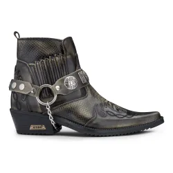 Mens Olive Snakeskin Winklepicker Cowboy Ankle Boots - Size Eu 44