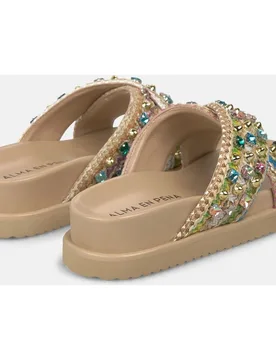 Sandalias planas de mujer de rafia con doble tira con abalorios y plataforma - Alma en Pena - FashionsVida