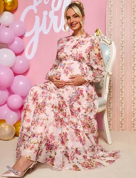 Vestido de maternidad con estampado floral, manga larga, elegante con volantes en el bajo, vestido para revelación de género, vestido de maternidad, - Shein - FashionsVida
