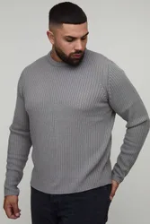 Herren Plus Basic Regular Fit Gerippter Strickpullover Grey Größe 2XL