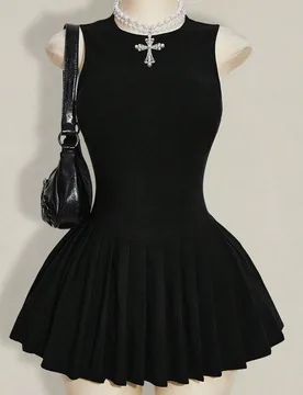 Vestido mini de verano para mujer, color liso, cuello redondo, bajo plisado, negro, lindo, casual, para maestra de escuela y universidad L - Shein - FashionsVida