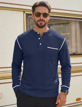 New men's waffle long-sleeved shirt with patch-style buttons, Henry collar, pocket-style casual outdoor sports men's polo shirt - Aliexpress - FashionsVida