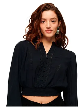 Blusa A Maniche Lunghe Lace Trim Smocked Eclipse Navy L - Superdry - FashionsVida
