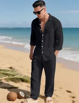 Men's casual cotton and linen suit, fashion comfortable linen solid color stand collar shirt street loose long sleeve two-piece - Aliexpress - FashionsVida