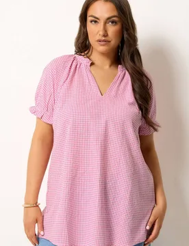 Women's Gingham Puff Sleeve Blouse in Pink Size: 18 - Pink - Size: 18 - Yours - FashionsVida