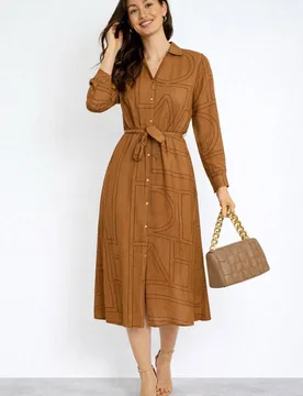 Women's Tan Modern Line Print Belted Shirt Dress in Bronze Size: 16 - Bronze - Size: 16 - LOVE SUNSHINE - FashionsVida