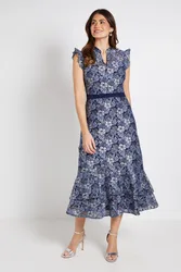 Womens Lace Ruffle Sleeve Midi Dress - Navy Polyamide - Size 16 Uk