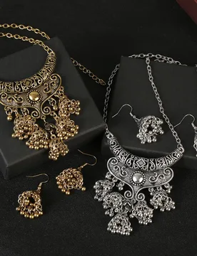 Luxury Retro Indian Jewelry Set Earring/Necklace Bijoux Wedding Jewelry Hangers Ethnic Carved Jhumka Earrings - Aliexpress - FashionsVida