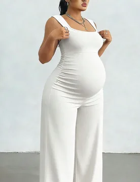 Mono de maternidad Parara con top de tirantes y pantalones largos de alta elasticidad, mono de maternidad, atuendos de festival para mujeres blanco de - Shein - FashionsVida