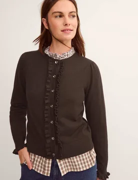 Crew Neck Ruffle Button Front Cardigan Chocolate female - Monsoon - FashionsVida