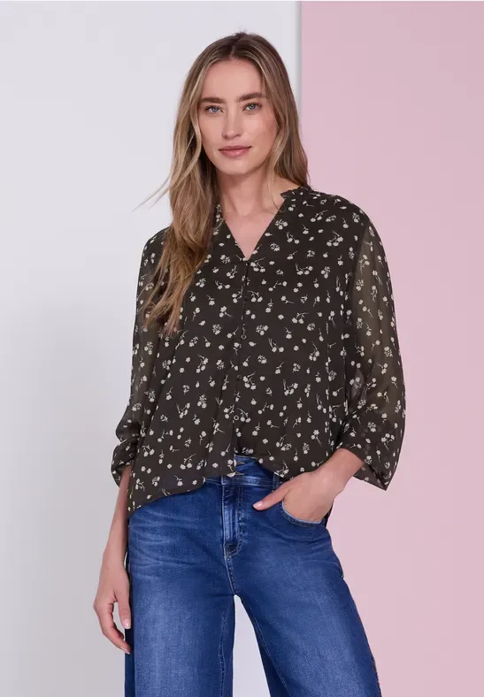 Langarm Chiffon-Bluse mit Split Neck female Braun - Street One - FashionsVida