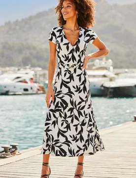 Womens White & Black Floral Print Belted Wrap Front Dress - Size 10 Uk - Sosandar - FashionsVida