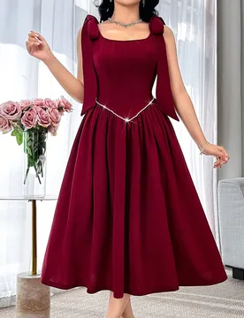 Vestido rojo, vestido de té con hombros de lazo burdeos con cintura enjoyada - Vestido de cóctel y dama de honor de estilo vintage de los años 50, - Shein - FashionsVida